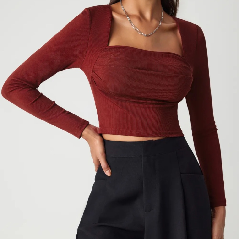 Burgundy square neck ribbed long sleeve top #partytop